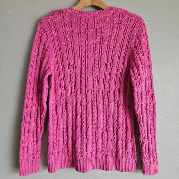 Womens Pink Cable Knit Cotton Sweater Size Medium V Neck Pullover Classic Preppy - Picture 2 of 8